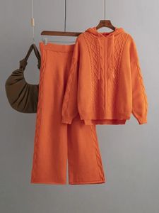 Pantalon deux pièces pour femmes, ensemble pull coréen à la mode, automne et hiver, sweat à capuche tricoté, fermeture éclair, jambes larges, manteau 231128