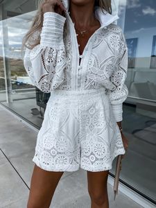 Femmes deux pièces pantalons Foridol Vintage simple boutonnage blanc dentelle femmes Shorts ensembles printemps à manches longues décontracté fête 2 pièces tenues Femme costume été 230608