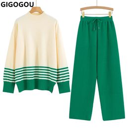 Tweedelige damesbroek Gigogou Euro Designer herfst- en wintersweatshirt 2-delige set extra grote gebreide top met wijde pijpen Warm 231201