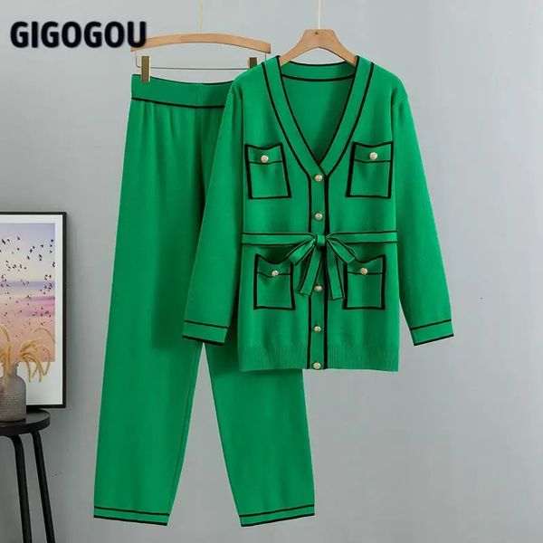 GIGOGOU – pantalon deux pièces pour femme, Cardigan tricoté, Style Preppy, survêtement, ensemble à pain unique, jambe longue et large, 231118