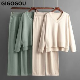Gigogou – pantalon deux pièces pour femmes, sweat-shirt tricoté fendu, col en V, couleur unie, haute élasticité, jambes larges, ensemble 22 pièces, 231202