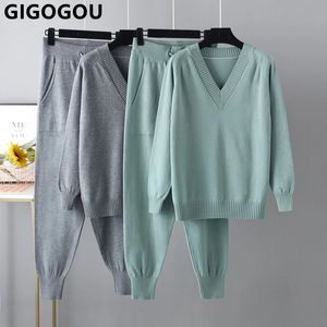 Pantalones de dos piezas para mujer GIGOGOU primavera y otoño conjunto de tejido con cuello en V suéter de moda traje de seguimiento de liebre suave cómodo 231120