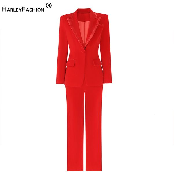 Pantalons de femmes en deux pièces Harleyfashion Femmes Red Velvet Track Suit Quality Blazer And For Lady Office 2 Pieces Sets Design Luxury 230209