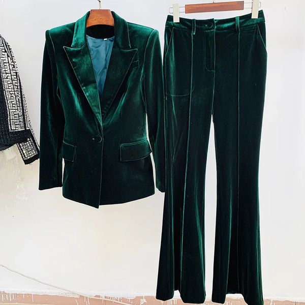 Pantalon deux pièces pour femmes HIGH STREET est Designer Runway Suit Set Single Button Velvet Revers Blazer Flare 231123