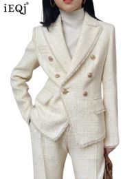 Dames tweedelig broek ieqj witte blazer pakken herfst winter dubbele borsten geweven tweed blazers mager een lijn lange rok sets 3W6872 230209