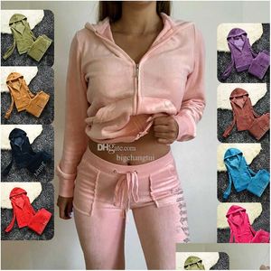 Dames Tweede stuk broek Juicy Apple Tracksuits 2023 Zomermerk naaien 2 sets Veet Velour Women Track Suit Hoodies en ontmoette Advanced de Otezj