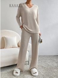 Dames tweedelige broek KAAAZI Winter nachtkleding 2-delige set lange mouwen VNeck gebreide huiskleding elastische taille losse effen 231120