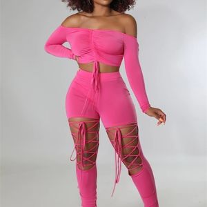 Tweedelige damesbroek met off-shoulder-set, 2 sets, dames, sexy, lange mouwen, veters, ruches, crop-top, uitgesneden skinny, club-feestoutfits, sets 221115