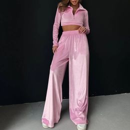 Pantalons de deux pièces pour femmes OMSJ Femmes Casual Velours Tissu Survêtements Revers Cou Zip Offwaist Crop TopHigh Taille Élastique Poche Large Jambe Streetwear 231123