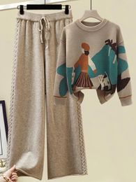 Pantalones de dos piezas para mujer pieza chaqueta para mujer suéter con cuello redondo paradigma pantalones casuales conjunto de punto ropa de invierno simple y de moda 231118