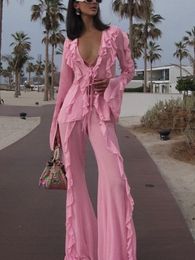 Dames Tweede stuk broek Roze 2 stuks Set Women Fashion Long Sleeve Laceup Cardigan Top beha slipje en broek Kandagepak Streetwear 230817