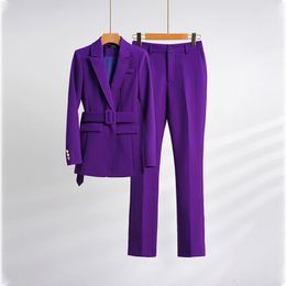 Pantalon deux pièces violet pour femmes, veste de costume longue et pantalon, ceinture, ensemble 2 pièces, taille haute, tempérament, printemps-automne, 230207