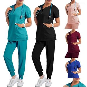 Pantalon de deux pièces pour femmes gommages femmes travaillant uniforme poche manches longues vêtements médicaux en tête de deux pièces uniformes cliniques Sui Dhthu