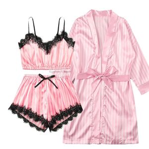 Pantalones de dos piezas para mujer Conjunto de bata y pijama de encaje satinado de seda para mujer Pijamas de seda artificial de verano Albornoz a rayas rosa 231128