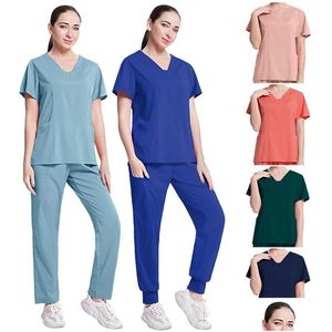 Tweedelige damesbroek Effen kleur Spa Kliniekwerkpakken met schroefdraad Tops Uni Scrub Verplegingsuniform voor huisdieren Droplevering Kledingkleding Se Dhbo8