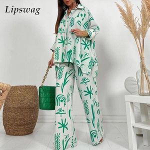 Tweedelige damesbroek, lente-revers, shirt met lange mouwen en pakken met wijde pijpen, casual grafische print, losse set, dames, onregelmatige shirts, outfits 230214