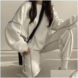 Femmes Deux Pièces Pantalon Printemps Femmes Coton Sweat Costume Surdimensionné Ensembles Femme Lâche Costumes Longs Courts Conjuntos De 240309 Drop Deliv Dhwpw