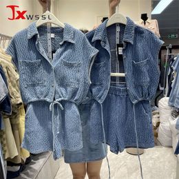 Womens Tweedelige Broek Zomer Tweedelige pak Effen kleur Singlebreasted Korte Denim Vest Elastische Hoge Taille Shorts 2 Set 230608