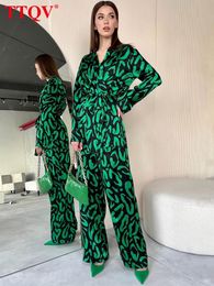 Dames Tweede stuk broek TTQV Fashion Black Green Print Sets For Women 2 Pieces Casual Long Sleeve kant -up shirts en hoge taille volledige lengte 230817