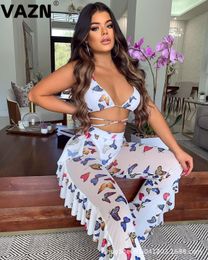 Dames Tweede stuk broek Vazn Summer Zie door Lace Open Beach Hollow Out Fashion 2 -delige Bikini Top Group Long Pants Slim Dames 3 -delige set 230228