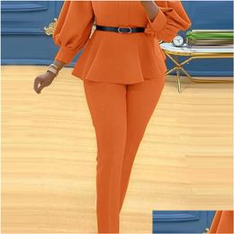 Femmes Deux Pièces Pantalons Vonda Office Lady Ensembles Femmes Chemisier À Volants Hors Shoder Tops Et Pantalons Longs Costume Femme Ropa De Mujer Drop Dh7Jf