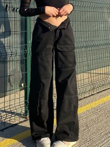 Pantalon deux pièces pour femme Weekeep Low Rise Black Jeans Baggy Pocket Patchwork Straight Cargo Harajuku Streetwear Denim Pantalon Fashion s 230519