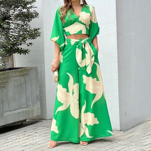 Dames Tweede stuk broek Wefads Women Two Piece Set Fashion V Neck Long Lantern Sleeve Print Losse Wide Legs broek met zakken Sets High Streetwear 230220