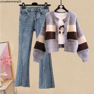 Femmes Deux Pièces Pantalons Femmes Denim Ensemble Femme Col En V Tricoté Cardigans Hauts et Jambe Large Streetwear Pantalon Costumes Dames Pantalon Costume G01