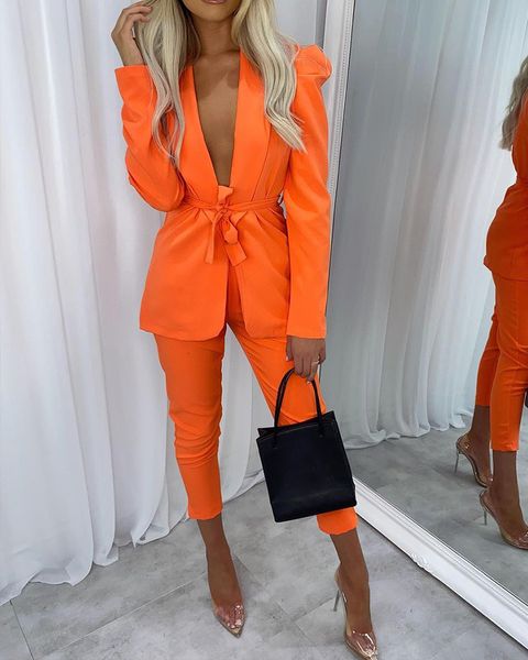 Femmes deux pièces pantalons femmes ouvert devant Blazer haut pantalon automne 2 Sexy Club tenues solide cravate ensemble Orange costume Streetwear 230209