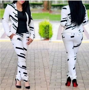 Dames tweedelige broek vrouwen mode zwart wit gestreepte print schouderjack stuk set 230209