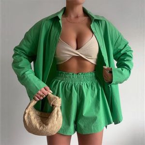 Femmes Deux Pièces Pantalons Femmes Survêtements Chemise Avec Mini Shorts Coton Pièces Ensembles Mode Vêtements Tenues Blouses 230608