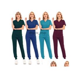 Mujeres Pantalones de dos piezas Color sólido Spa Spa Trajes de trabajo de clínica roscada