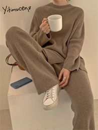 Yitimuceng – ensemble tricoté pour femmes, pantalon deux pièces, rétro, manches longues, pull ample, décontracté et Unique, droit, 231129