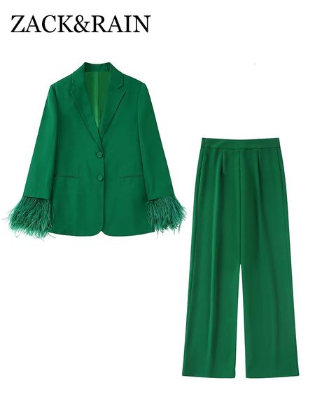 Pantalon deux pièces pour femmes ZACK RAIN Femmes Vert Amovible Plume Manchette Costume Dames Blazer Taille Haute Vintage Fête Lâche Femelle 2 Ensembles 230209