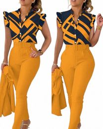 Dames Tweede stuk sets Outfit Geometrische print Flutter Sleeve Topbroeken Set met riem nieuwe FI 2023 Summer Casua Suit Y4O8#