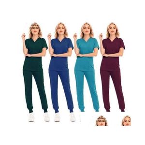 Femmes deux pièces couleur unie Spa fileté clinique costumes de travail hauts Uni gommage uniforme de soins infirmiers pour animaux de compagnie D Dhxrq livraison directe DHb1L