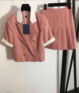Dames twee stukken broek roze presbyopia logo colorblock manchet blazer en hoge taille geplooide rok 2 -delige sets designer tracksuits 4348738