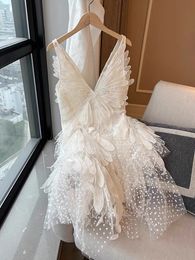 Womens V-Neck 3D Feather Wing Patched dentelle Slim Taille asymétrique Robe de robe de balle Smlxl