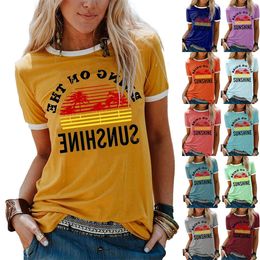 Femmes vacances cocotier lettre imprimé décontracté col rond manches courtes T-shirt lu'l'y520889