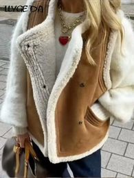Damesvesten Elegant Warm Fur Faux Leather Waistcoat Women Mode Mouwloze zakken Dikke Jassen Vrouw Winter Draai Collar 231129