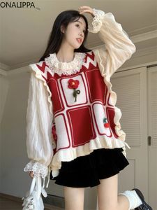 Damesvesten Onalippa Kawaii Lace Up henneppatroon truivest bloemen effen dieptepunt shirts voor dames Koreaans chic ontwerp gebreide trui 231116