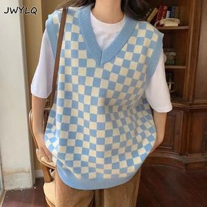 Damesvesten Plus size 3xl geruite print V-hals vest Dames Koreaanse basic mouwloos Preppy stijl gebreide trui Losse oversized truien 231116