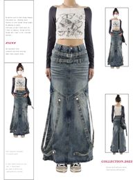 Jupe en denim long vintage Fashion Ribbon coréen Ribbon A-line jupe harajuku streetwear y2k 90s Pippie Jean Jirt vêtements 240326