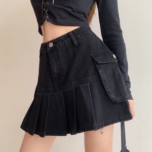 Womens Vintage geplooide goth denim rokken meisje donker preppy stijl mode zwart hoge taille zakken rok 90s Koreaans 210517