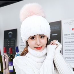 Dames Warm Real Rex Rabbit Fur Hat Scarf Set gebreide dop kraag sjaal beanie