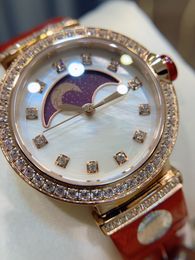 Dames horlogegrootte 33 mm dikte 11 mm met Tsjechische kristallen parelmoer Knal Quartz Beweging gebogen Saffier Mirror Lederen Strap 013