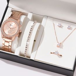Montres pour femmes 6 pièces ensemble de montres de luxe pour femmes bagues colliers boucles d'oreilles strass mode montres bracelet décontracté ensembles 230620
