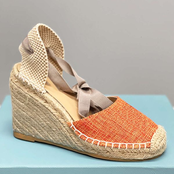 Femmes Wedge Sandales Designer Espadrilles Talons Hauts Plateforme En Cuir Talons De Paille Cheville À Lacets D'été Mode Casual Chaussures Avec Boîte 536