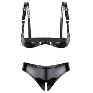 Dames wetlook lakleer erotische lingerie set strapless push-up open cup plank beha top kruis mini slips ondergoed bh sets 8844