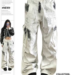 Dames witte lading jeans y2k 90s vintage hoge taille wijd been denim broek Harajuku baggy jean broek 2000s Trashy kleren 240415